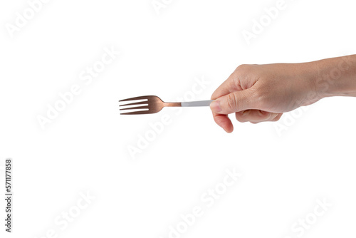 Hand and metal white fork on transparent background.
