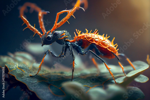 Cordyceps parasitic fungus growing on an ant, 3D illustration