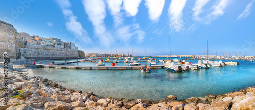 Breathtaking view on harbour of Otranto in Italy with lots of boats and yachts. Italian vacation.
