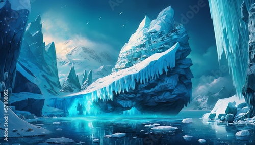 Iceberg mountain freezing climate arctic landscape background. Generative AI technology. 