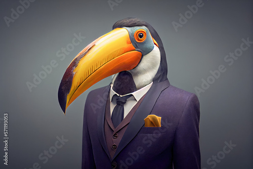 Portrait of a toucan dressed in a business suit in a studio photo. Generative AI. 