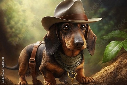 Dachshund Dog archeologist with hat and whip escaping from danger illustration generative ai