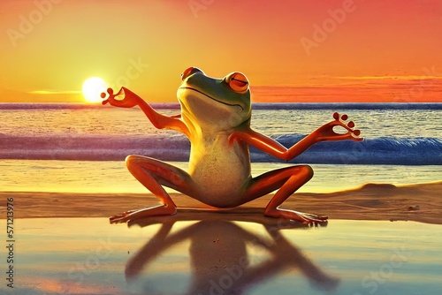 frog practicing yoga on the beach at sunset illustration generative ai