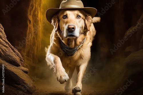 Golden Retriever Dog archeologist with hat and whip escaping from danger illustration generative ai