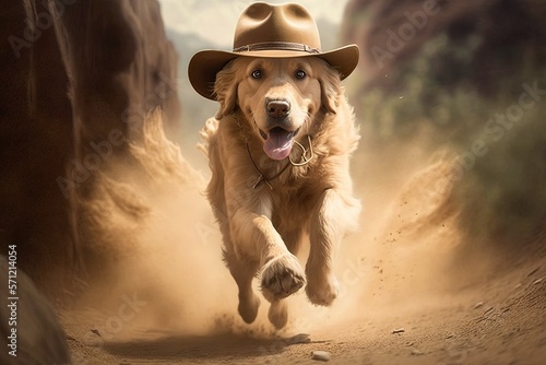 Golden Retriever Dog archeologist with hat and whip escaping from danger illustration generative ai
