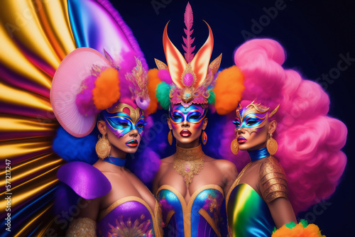 Drags queens in glamorous dresses and carnival masks for show. three Actresses Drags in colorful fantasy costumes for party carnival. Generative ai