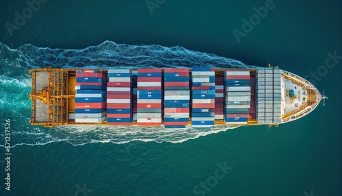 Aerial view from drone, Container ship or cargo shipping business logistic import and export freight transportation by container ship in the open sea, freight ship boat. Generative AI