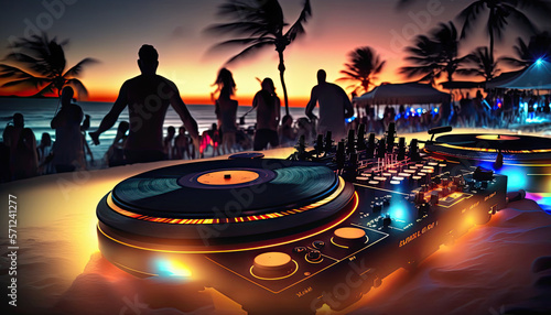 Outdoor night beach music party. Professional sound system dj console on foreground and blurred crowd of happy dancing people on background. AI generative image.