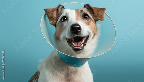 Portrait of cute positive dog wearing Elizabethan collar or protective plastic vet cone. AI generative image.