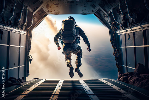 Airborne soldier jumping out of plane. Generative AI