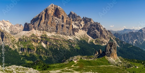 Great view of the top Tofana di Rozes and Cinque Torri range in Dolomites, South Tyrol. Location Cortina d'Ampezzo, Italy, Europe. Beauty of mountains world.