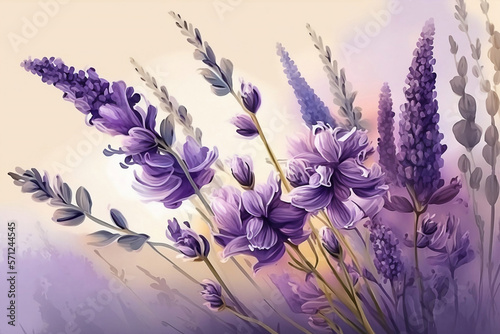 Purple beautiful lavender flowers at the sunset background. Lavender flowers. Generative AI.