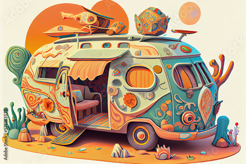 Old camper van, hippie style. AI Generative illustration