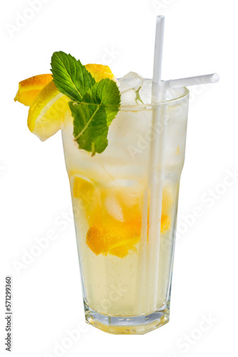 Lemonade with lemon slices and mint in a tall glass. Yellow cocktail with citrus