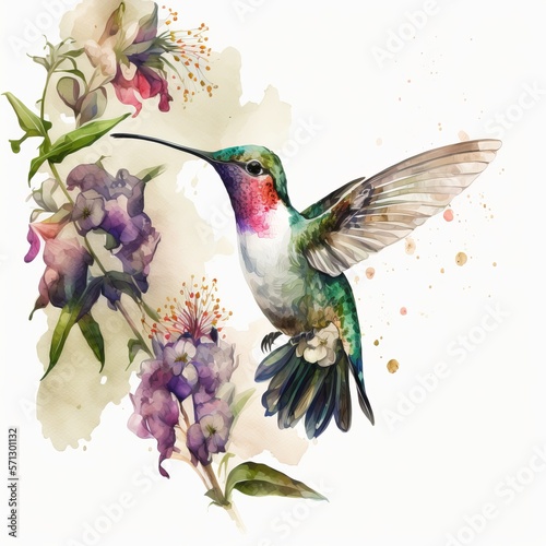 drawing of hummingbird and flowers watercolor background Generative AI