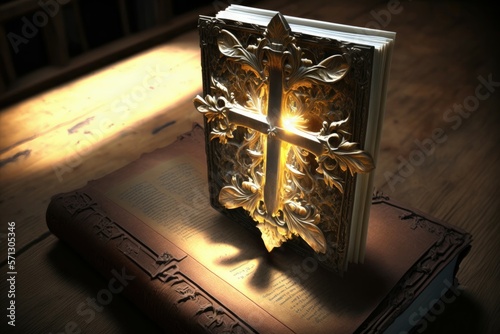 3D crucifix on bible book aura light. Generative AI