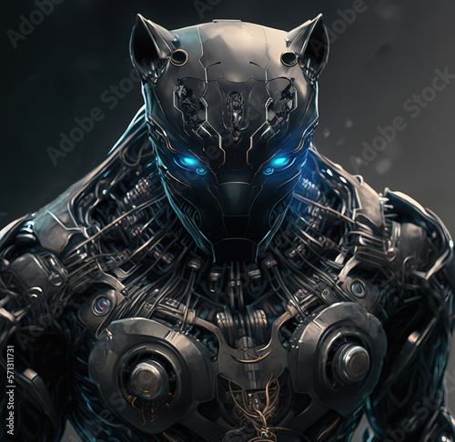 Humanoid robot with black panther helmet and with blue eyes