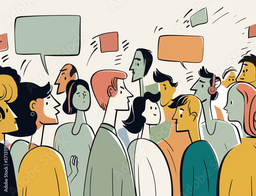 Comics style illustration depicting a man being discussed by society. A group of people surrounded by message bubbles representing rumors, gossip, news