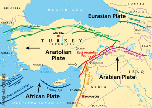 Anatolian Plate tectonics map. Most of the country of Turkey is located on this continental tectonic plate, that is separated from the Eurasian and Arabian Plate by the North and East Anatolian Fault.