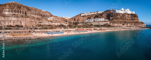 Aerial view of the Amadores beach on the Gran Canaria island in Spain. The most beautiful beach on the Canary islands.