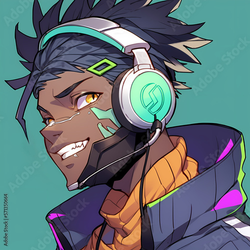 Anime avatar illustration of a young male gamer, sporting a headset and fully immersed in his favorite video game. cyberspace elements, capturing the excitement of gaming. Generative AI