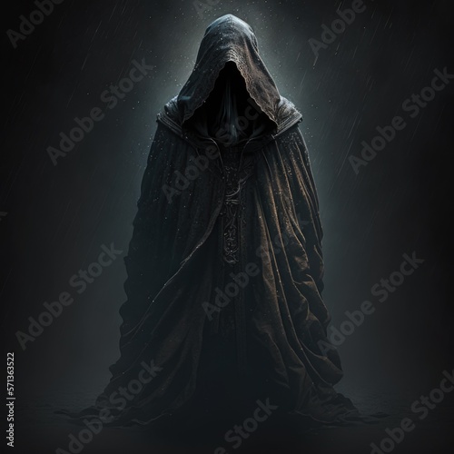 mysterious figure shrouded in a cloak of darkness, fantasy art, AI generation.