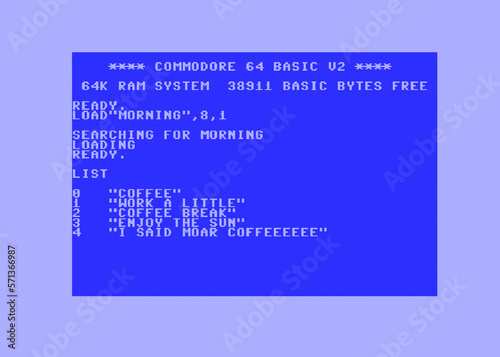 A screen grab with the commands to load a morning program on an old retro vintage Commodore 64 (C64) home computer, returning funny instructions regarding coffee. 