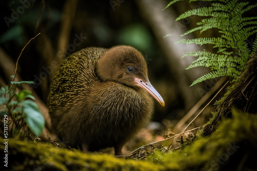 The only site where kiwi birds can be seen during the day, where a rare wild kiwi bird forages in the forest. Brown Kiwi. Generative AI