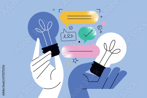 Vector illustration of idea, brainstorming, creativity, know how, education, knowledge, experiences exchange. Creative concept for web banner, social media banner, business presentation, marketing.