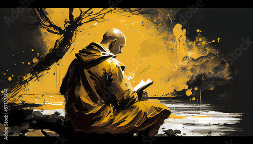 Buddhist monk meditates near a lake. Generative AI