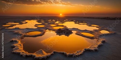 Ethiopia's Danakil Depression salt flats at sunset reflect the setting sun. Generative AI