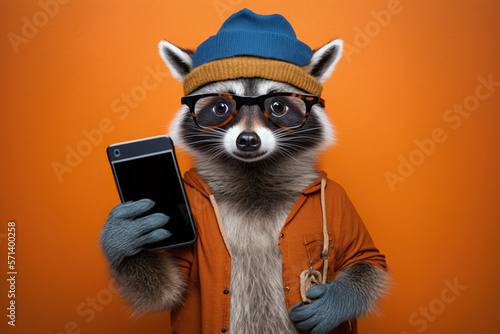 Studio photo portrait of a happy raccoon in holding a phone, concept of Hipster Style and Animal Portrait, created with Generative AI technology