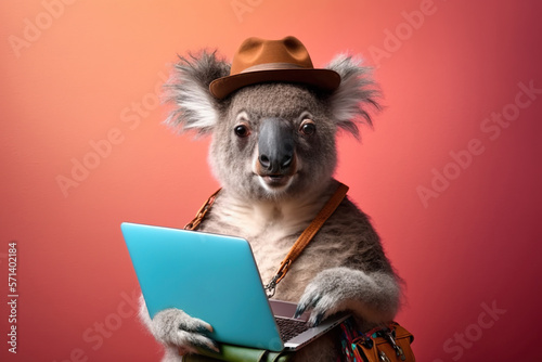 Studio photo portrait of a happy koala in hipster clothes with a laptop, concept of Casual Attire and Animal Portrait, created with Generative AI technology