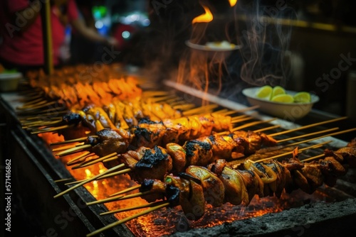 Delicious tasty skewers of chicken cook over hot coals in Singapore's Satay Street food market. Generative AI
