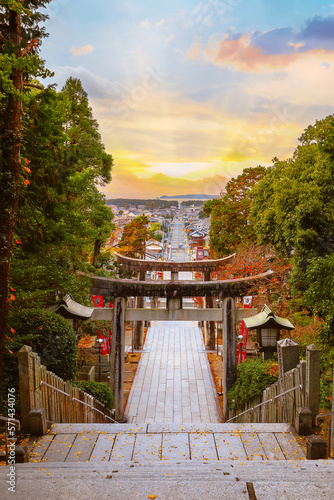 Fukuoka, Japan - Nov 21 2022: Miyajidake Shrine is primarily dedicated to Empress Jingu, home to five-ton sacred straw rope and attracts over 2 million worshippers a year