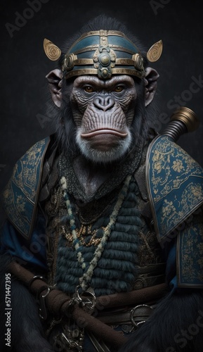 Majestic Animal Chimpanzee Shogun in Samurai Armor: A Depiction of Japanese Culture, Armor, Feudal Japan, Bushido, Warrior, Castle, Shogun, Feudal Lord, Ronin (generative AI)