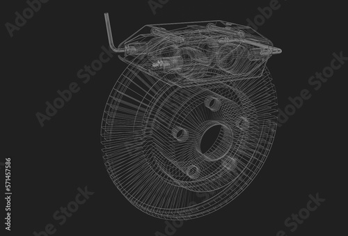 3d model of the brake disc on a black background. Drawing, illustration