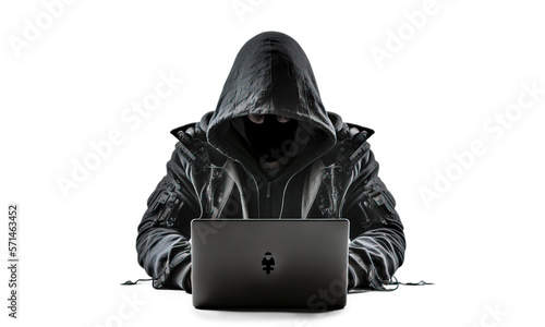 hacker in hoodie and mask that hides his face works at laptop. PNG isolated on transparent background. Post-processed generative AI