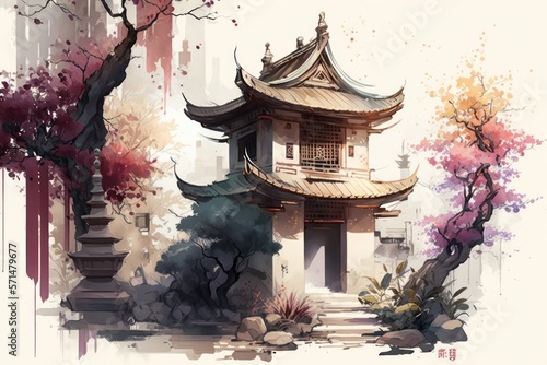 Eastern architecture is painted in watercolor. A building with a pagoda surrounded by flowering trees. Generative AI