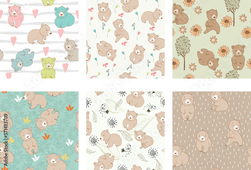 Set of vector cute seamless pattern with cartoon bears for fabric, wrapping paper, etc.