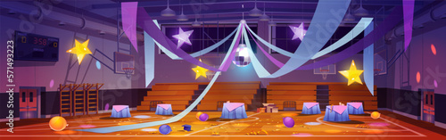 Mess in empty school gym after dance party. Vector cartoon illustration of chaos in sports hall after college prom or graduation ceremony. Disco ball, stars and ribbons decoration, confetti on floor