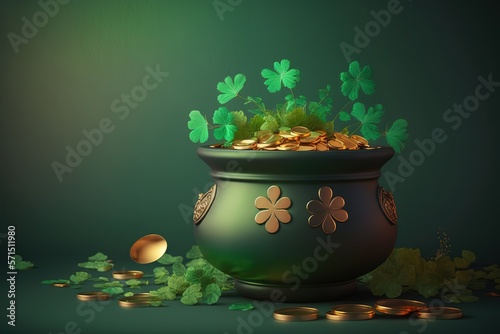 Pot with gold coins and clover leaves on green table, space for text. St. Patrick`s Day celebration