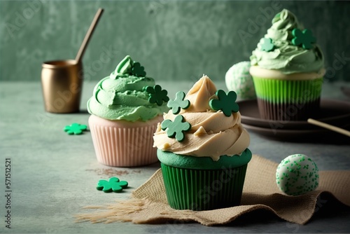 Composition with delicious decorated cupcakes on wooden table, space for text. St. Patrick's Day celebration