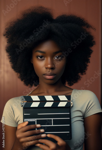 Movie actress audition portrait with clapperboard, young african american woman looking at camera. Generative AI
