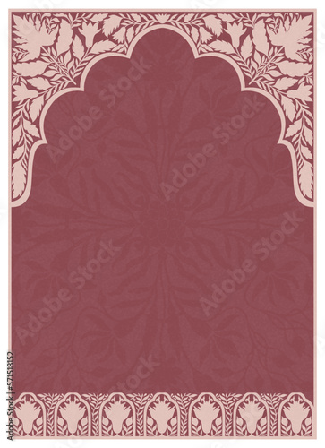 Mughal floral traditional ornament with an arch silhouette and a motif borders. Recycled ethnic Indian miniature.