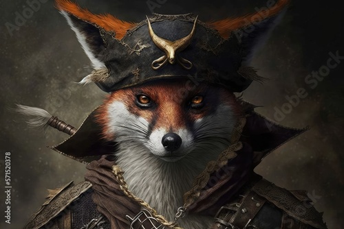 Fox Face in a Pirate Costume Jolly Roger. Generative AI.