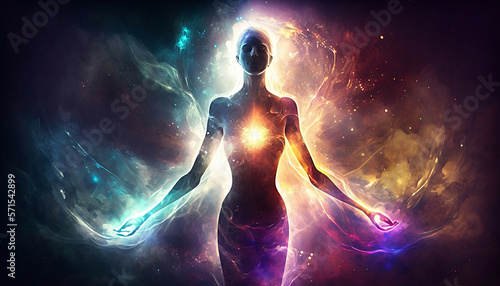 universe meta human goddess spirit silhouette on galaxy space background, new quality colorful spiritual stock image illustration wallpaper design, Generative AI 