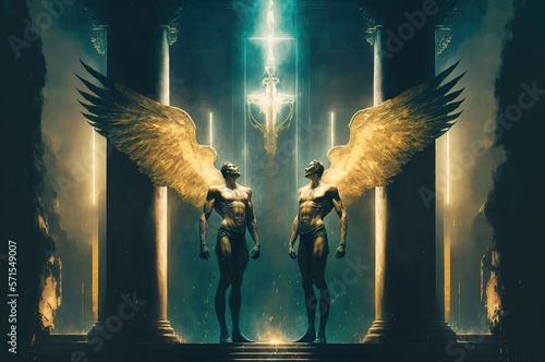 Illustration of twin gods. Gemini Zodiac Sign. Fantastic scenery. Concept. Generative AI Illustration