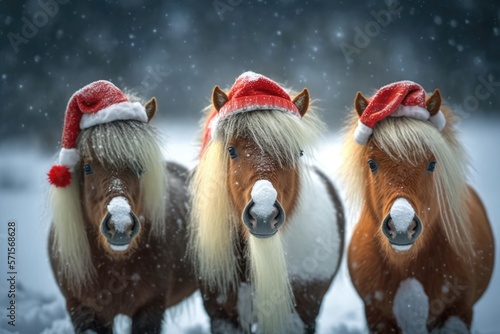 Three amusing little shetland ponies all out for Christmas On a field covered in snow in the winter, Santa hats are lined up. Christmas pet. Generative AI