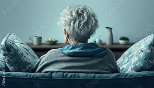 old elder person sitting on a sofa from behind alone, isolation loneliness 3rd age, realistic, blue color